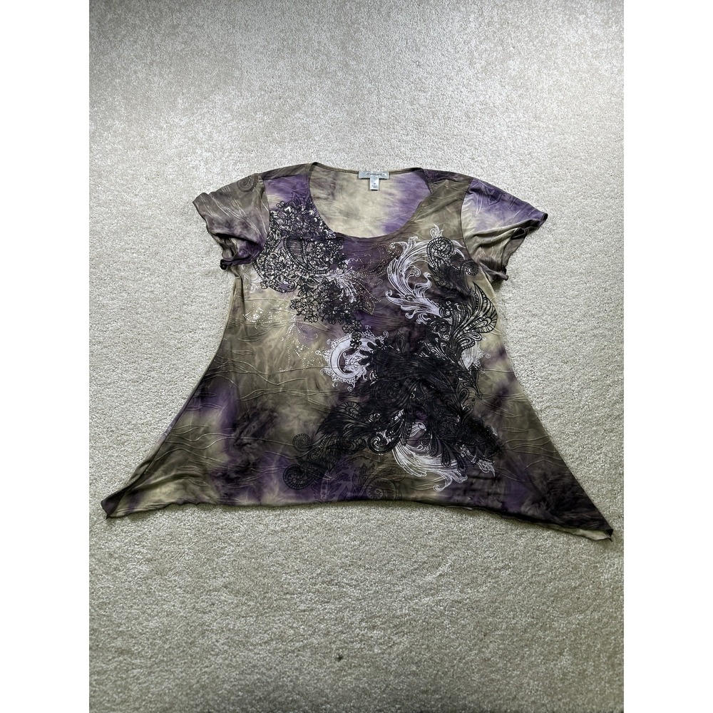 Dressbarn Shirt Womens Medium Abstract Print Asymmetrical Hem Witchy WhimsiGoth